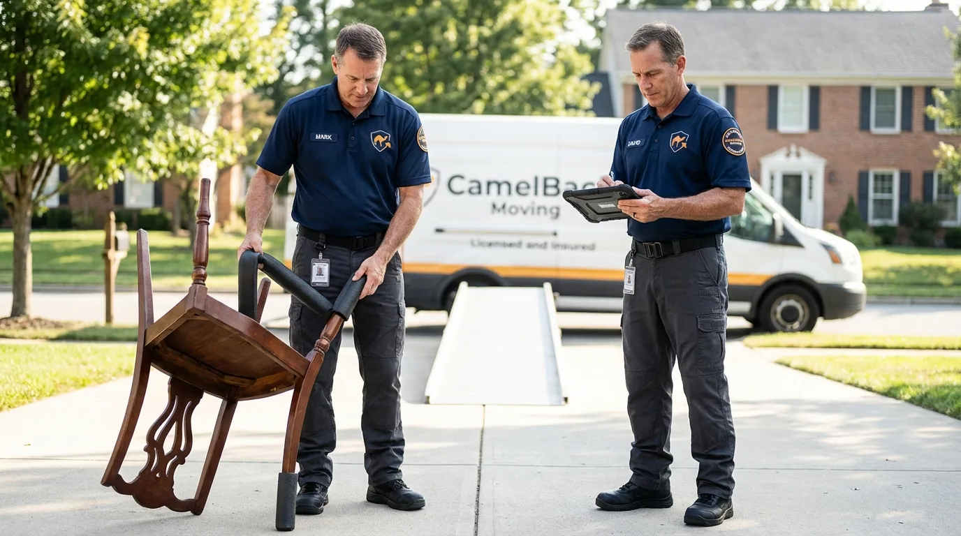 Movers inspecting furniture for damage prevention before loading in Fairless Hills, PA