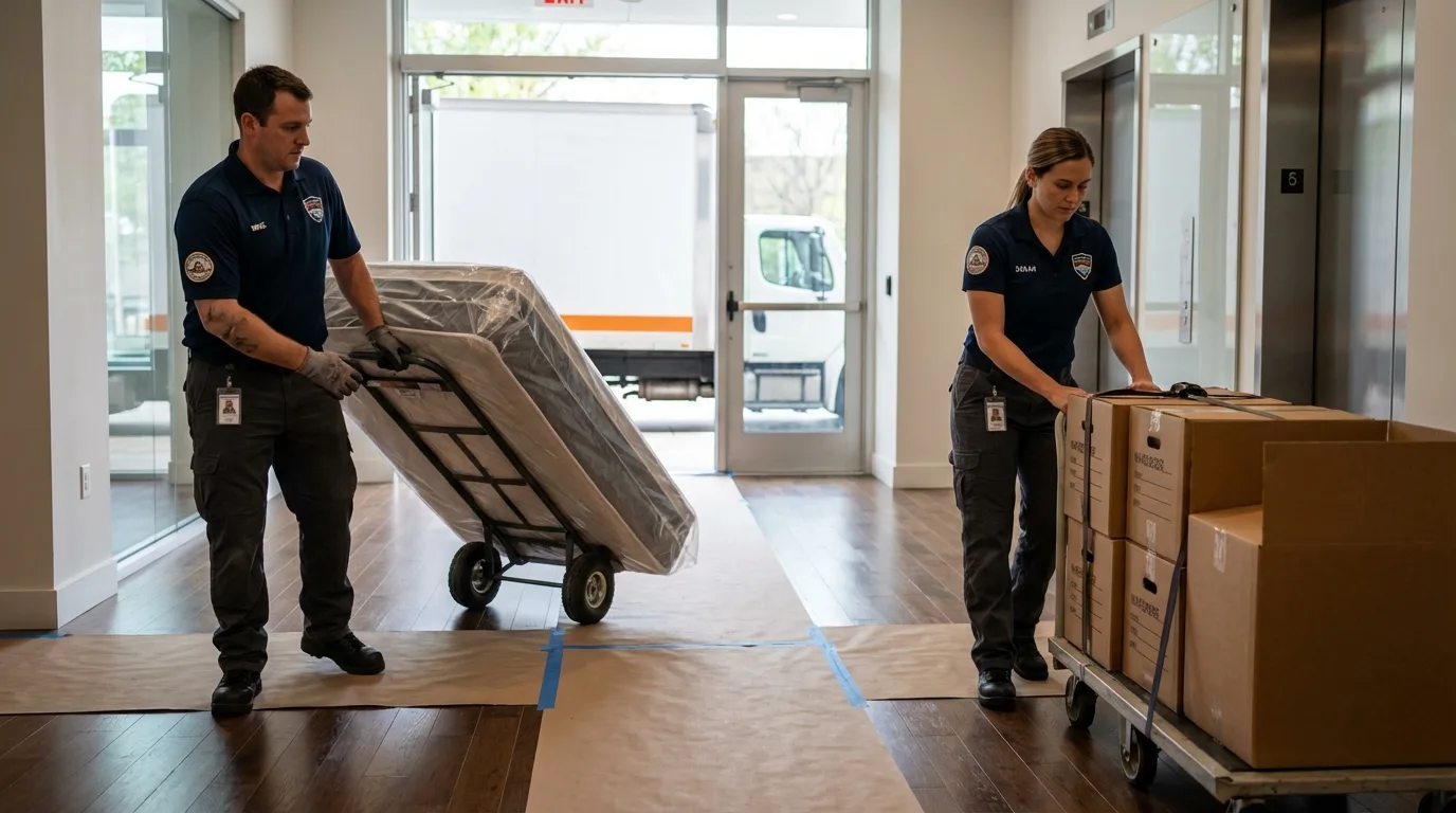 Professional apartment movers loading elevator in Fairless Hills, PA