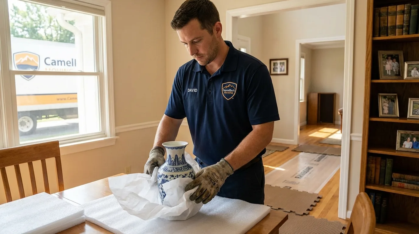 Professional crew carefully wrapping antique vase for senior downsizing move in Fairless Hills, PA